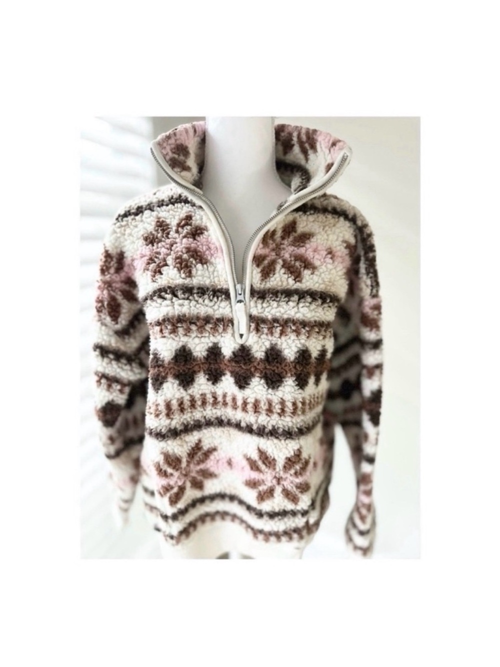 aerie Plush Fair Isle Half-Zip Sweater - Cream, Pink & Brown